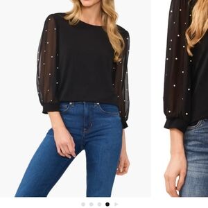 NWT, CeCe Black Embellished Puff Sleeve Blouse Sz M